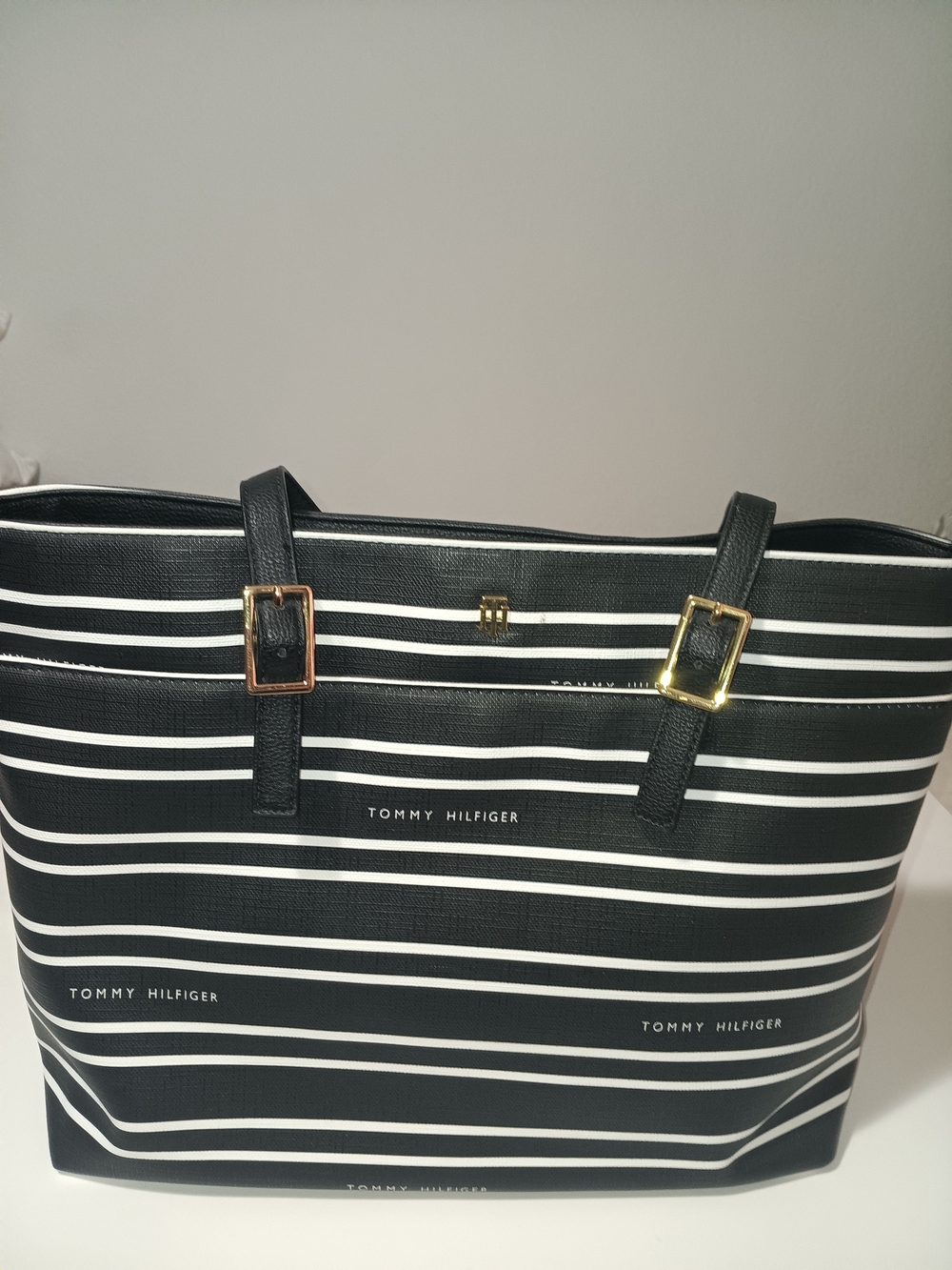 Tommy Hilfiger Black and White Striped Tote with Gold Buckles